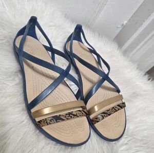 Crocs Isabella Graphic Strappy Blue Jean/Gold Sandals Women's Size 6